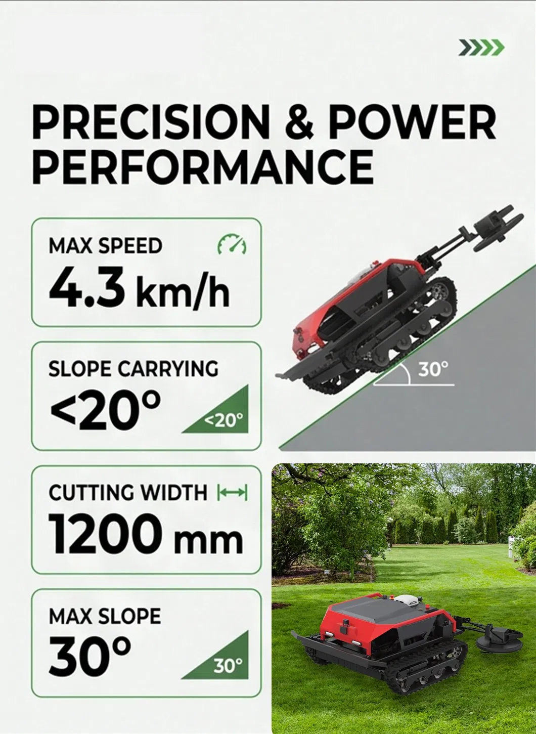Heavy-duty treads gripping steep 50 percent inclines during automated mowing
